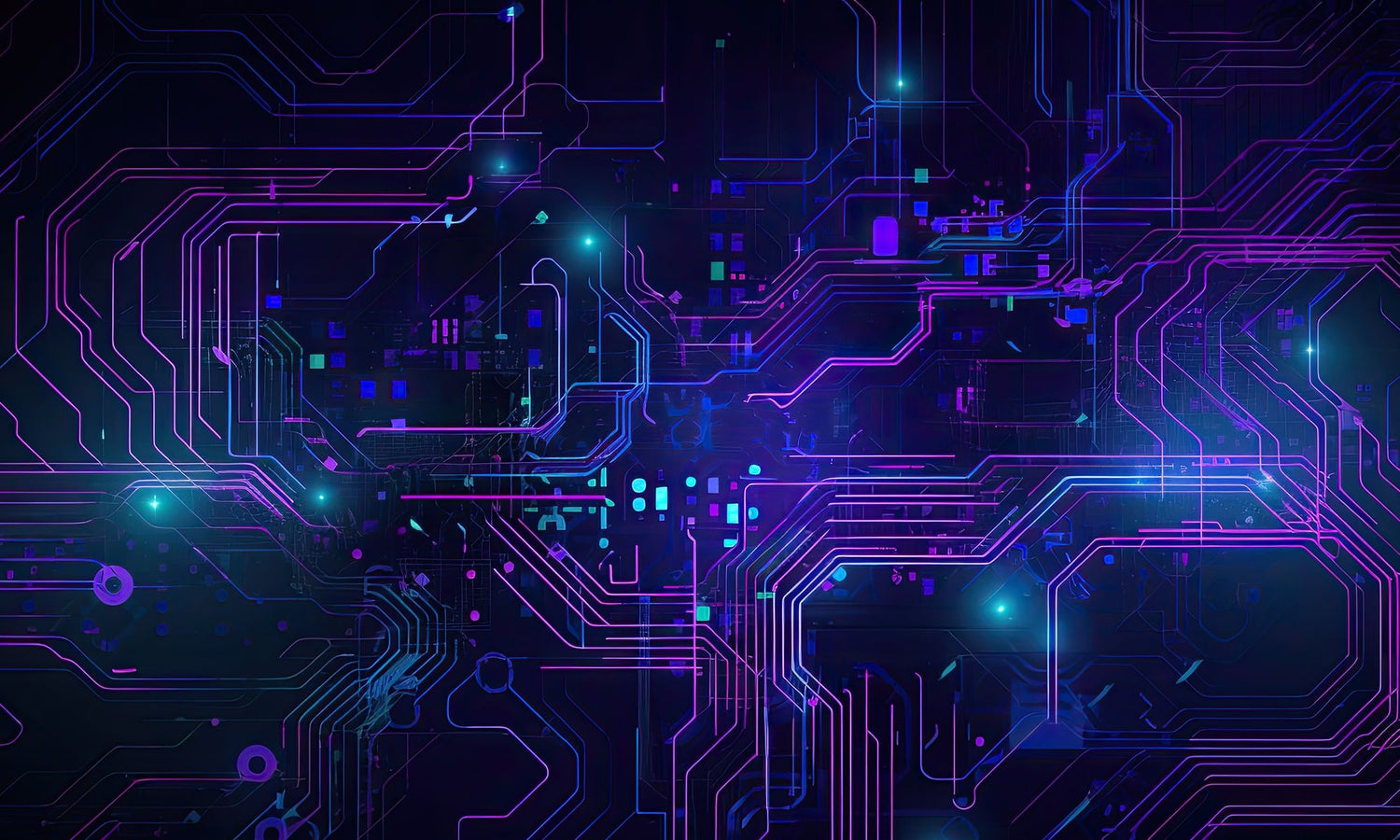 Digital representation of complex circuitry in neon blue, purple, and teal against a black background.