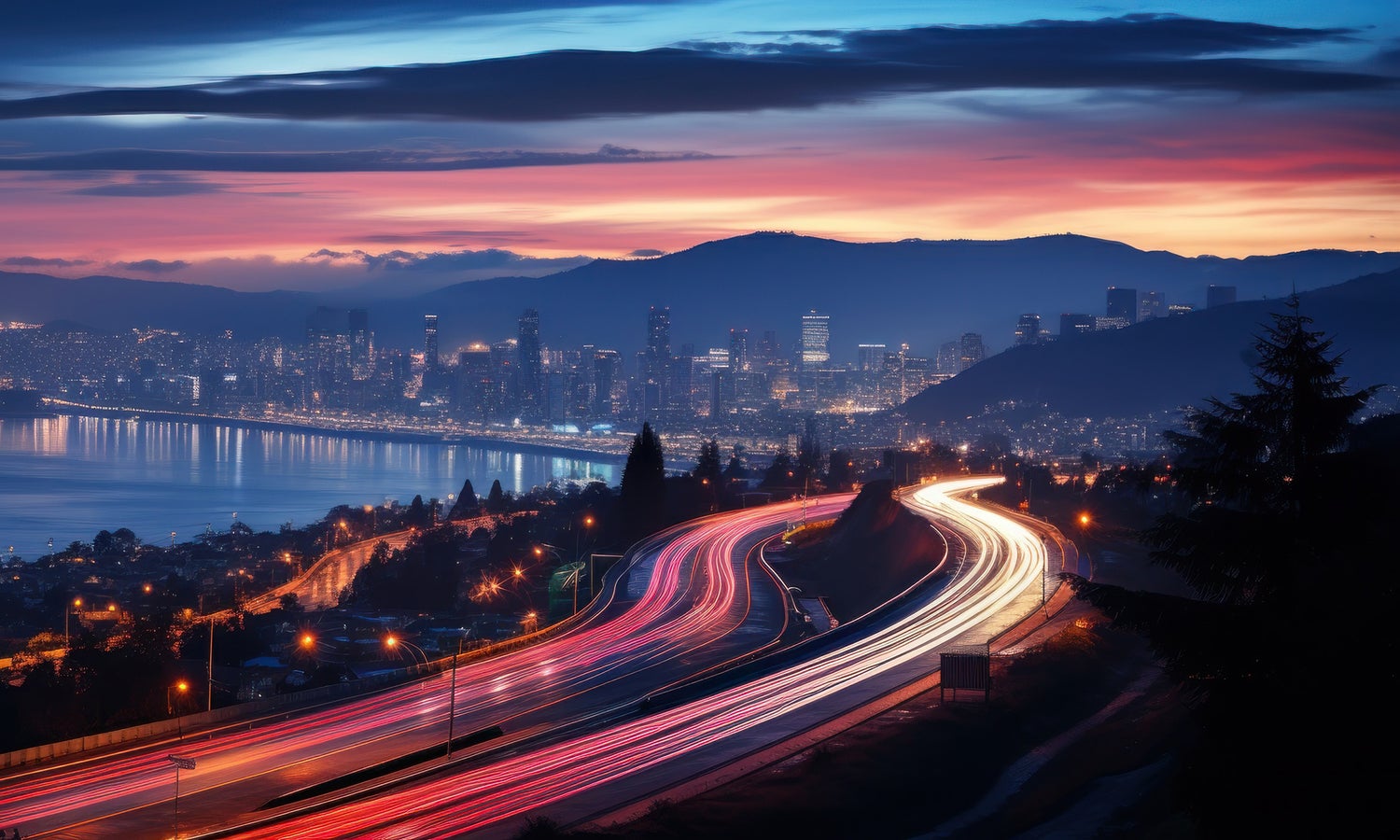 Time-lapsed image of automobile headlights and taillights at dusk with a city and bay in the background